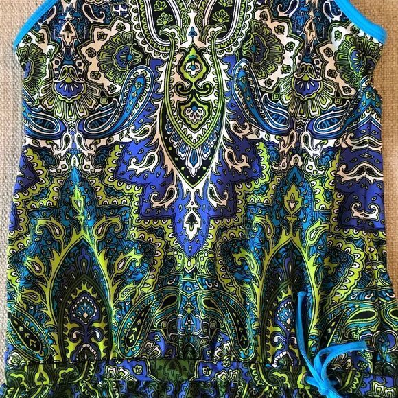 Athleta Blue Green Paisley Drawstring Racerback Swim Top - Picture 3 of 13